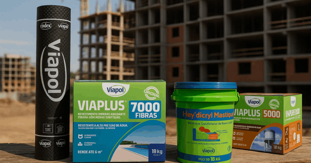 produtos viapol sendo usados na construção civil, entre eles estão a Manta Asfáltica Classic, Viaplus 7000, Hey Dicryl e Viaplus 5000.