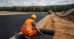 imagem ilustrativa de profissional aplicando manta bidim para controle de erosão em terreno