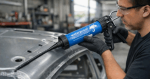 Profissional aplicando selante automotivo em carroceria metálica dentro de oficina automotiva.