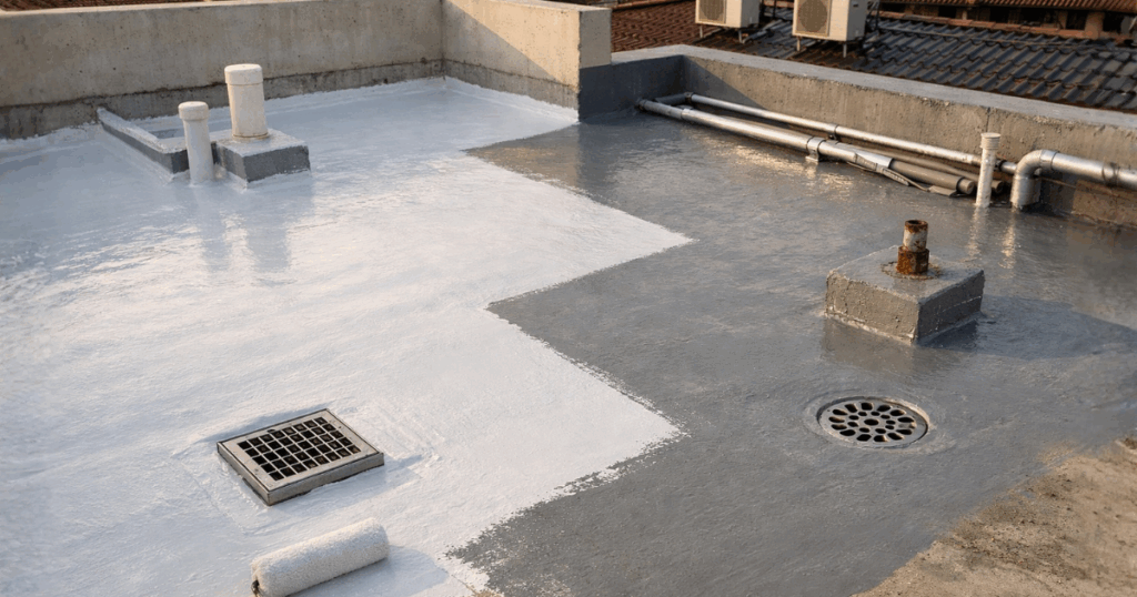 Manta líquida Sika aplicada em laje de concreto com ralos, tubulações e cantos estruturais formando membrana impermeável contínua.