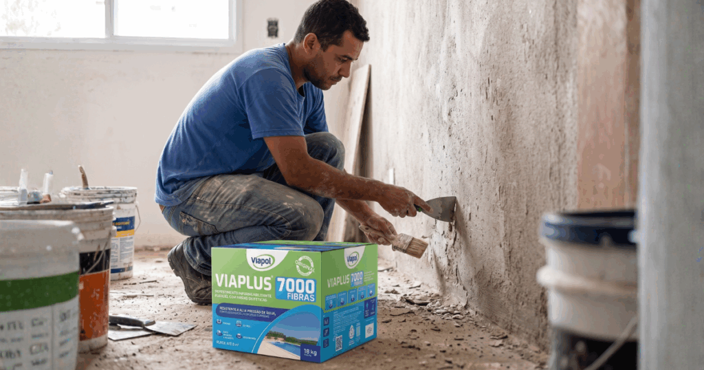 Trabalhador fazendo preparação da superfície para aplicação do Viaplus 7000