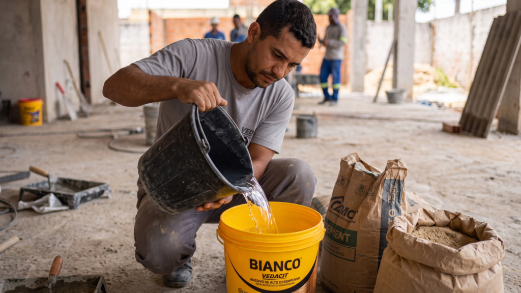 Pedreiro fazendo mistura de agua com o Bianco Vedacit